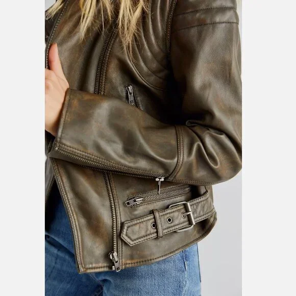 New Free People Fenix Leather Moto Jacket Size XS MSRP: $498 Olive
